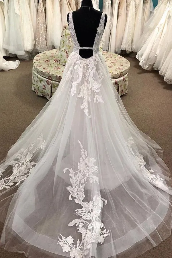 Roycebridal Tulle A-line Lace Appliqued Deep V-neck Court Train Wedding Dresses, MW924