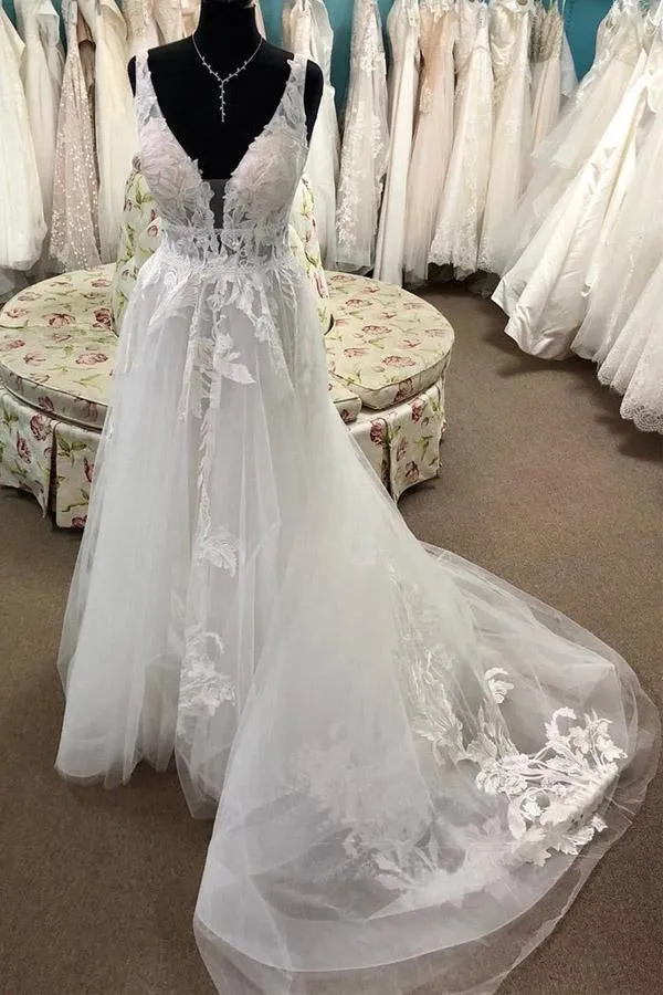 Roycebridal Tulle A-line Lace Appliqued Deep V-neck Court Train Wedding Dresses, MW924
