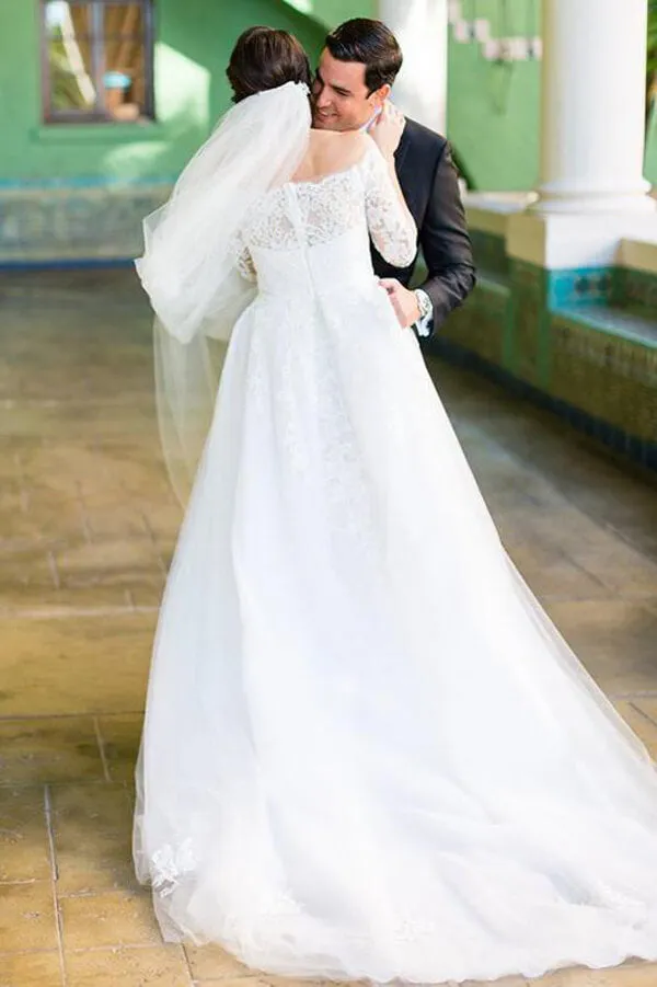 Roycebridal Tulle A line Lace Long Sleeve Off Shoulder Wedding Dress, Bridal Gown, MW536