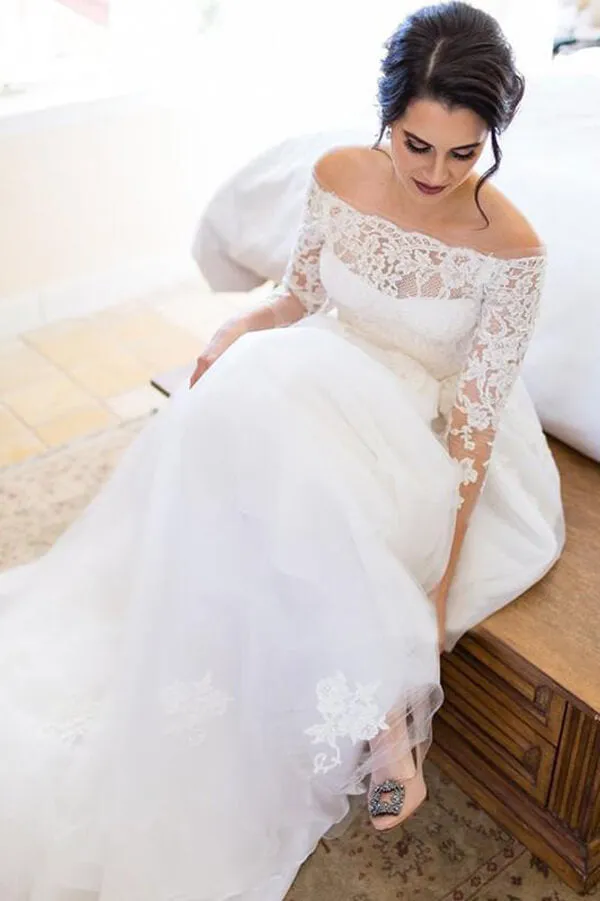 Roycebridal Tulle A line Lace Long Sleeve Off Shoulder Wedding Dress, Bridal Gown, MW536