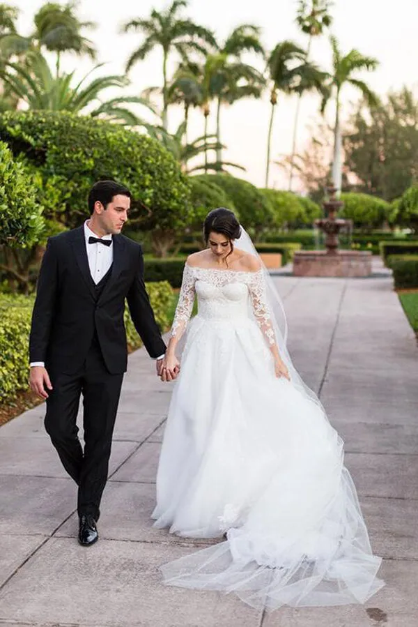 Roycebridal Tulle A line Lace Long Sleeve Off Shoulder Wedding Dress, Bridal Gown, MW536