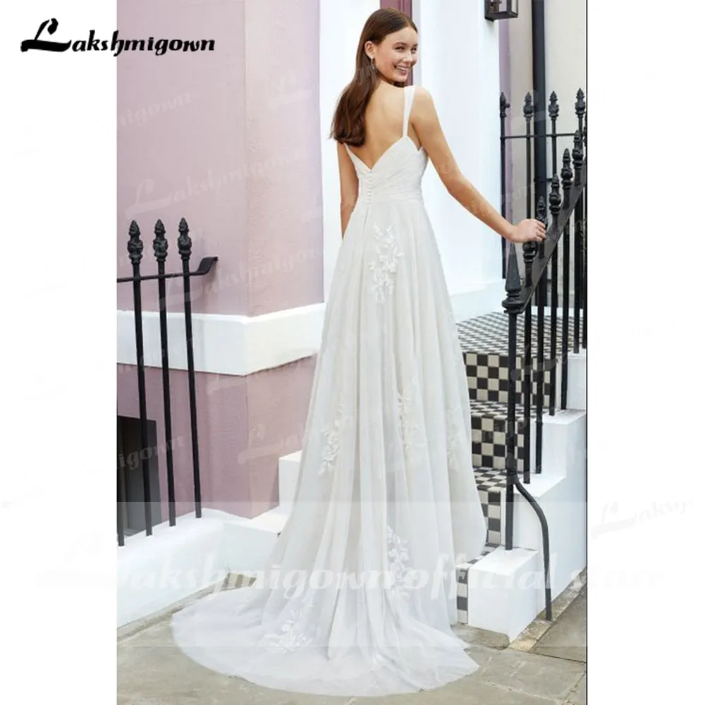 Roycebridal vestido noiva  Pleats Lace Spaghetti Straps Off the Shoulder Boho Wedding Dresses Backless Elegant trajes de novias largos
