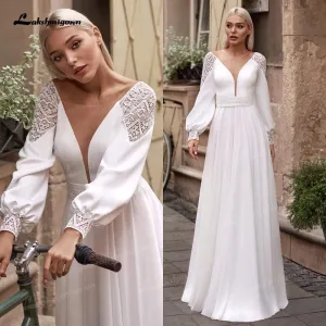 Roycebridal Vestidos Simple Boho Long Sleeve Wedding Dresses V Neck Robe Longue Beach Chiffon A-Line Wedding Gowns vestido de novia