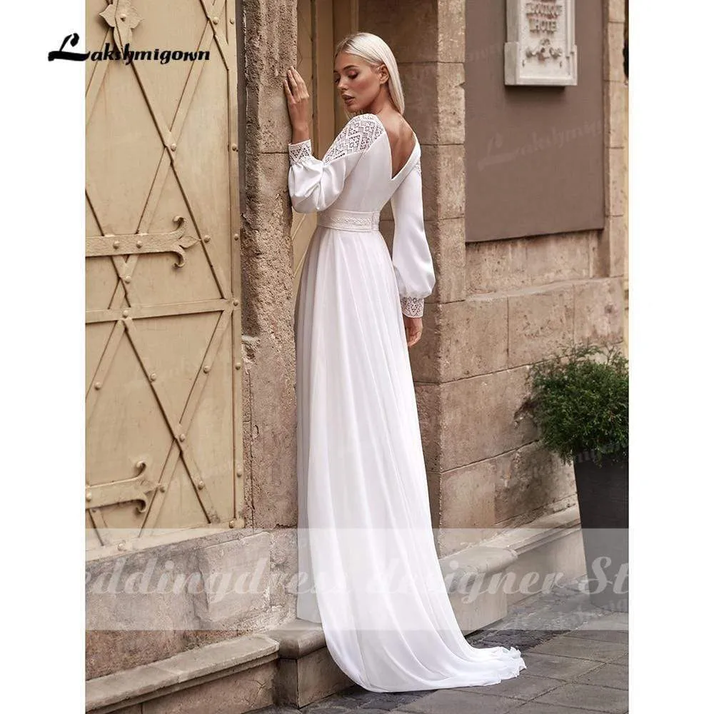 Roycebridal Vestidos Simple Boho Long Sleeve Wedding Dresses V Neck Robe Longue Beach Chiffon A-Line Wedding Gowns vestido de novia