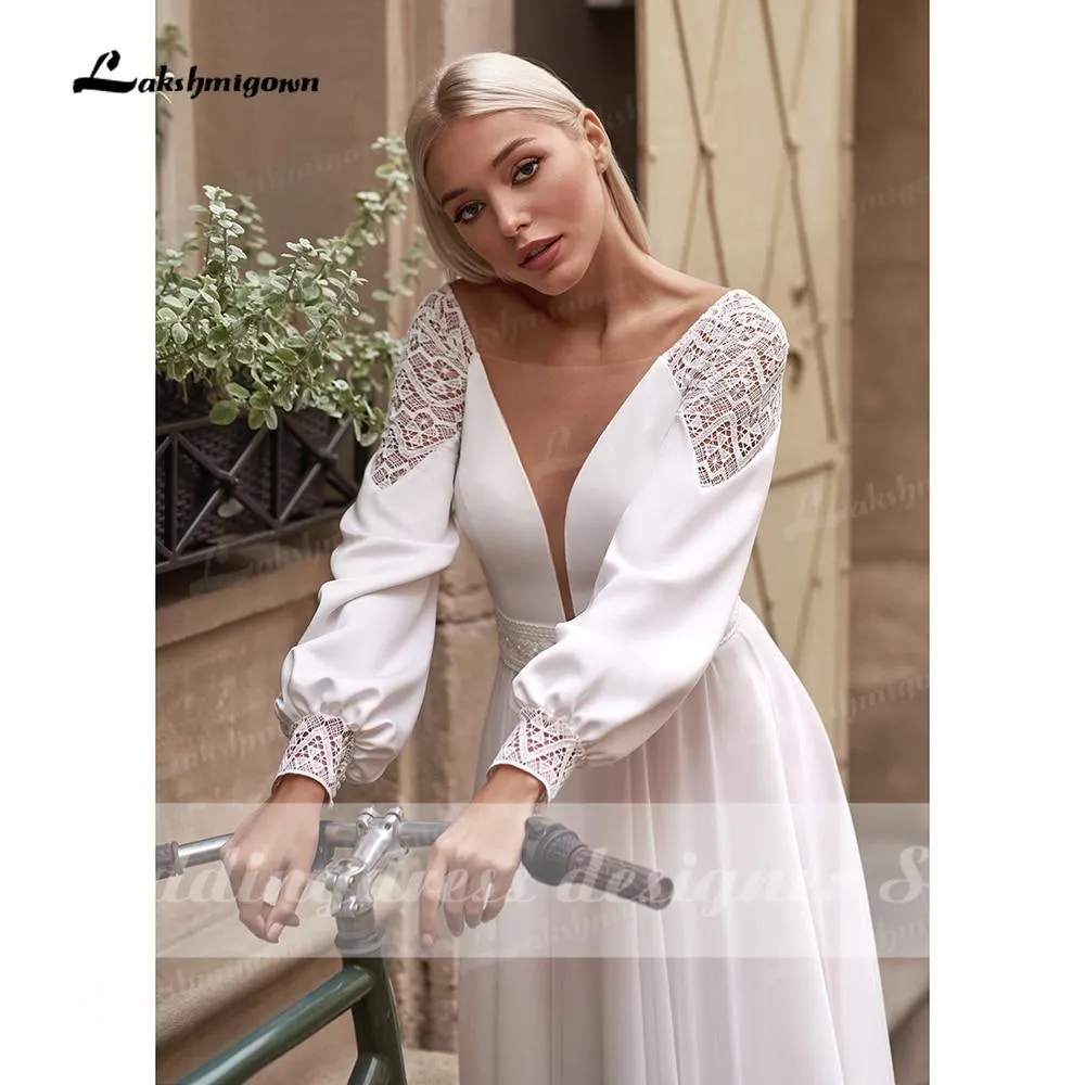 Roycebridal Vestidos Simple Boho Long Sleeve Wedding Dresses V Neck Robe Longue Beach Chiffon A-Line Wedding Gowns vestido de novia