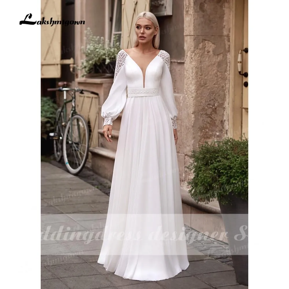 Roycebridal Vestidos Simple Boho Long Sleeve Wedding Dresses V Neck Robe Longue Beach Chiffon A-Line Wedding Gowns vestido de novia