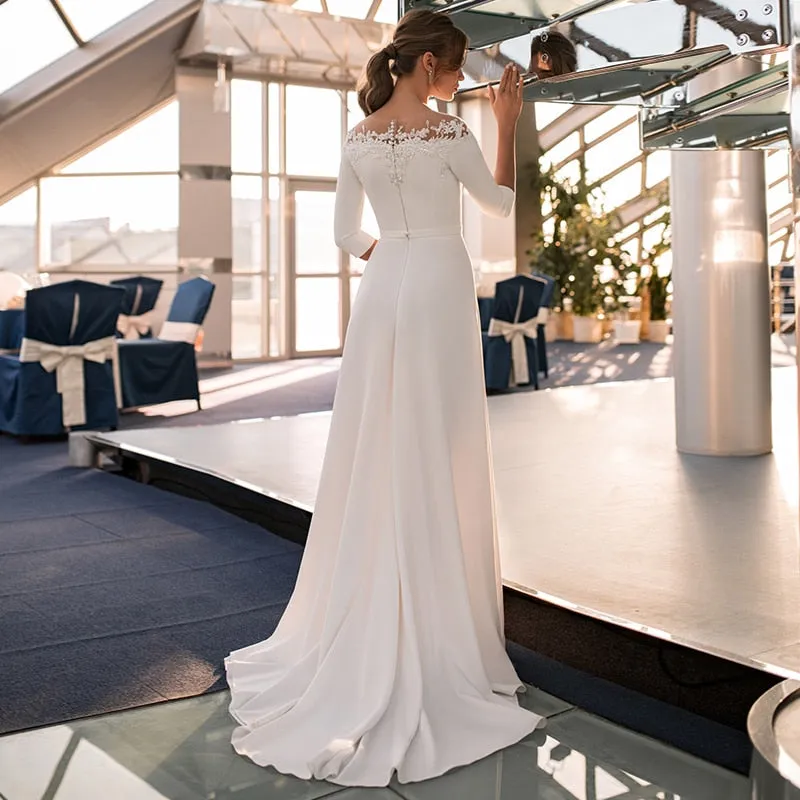 Roycebridal Vintage 3/4 Sleeve O-Neck Wedding Dress A-Line Lace Appliques Satin Civil Bridal Gown With Zipper Back Floor Length