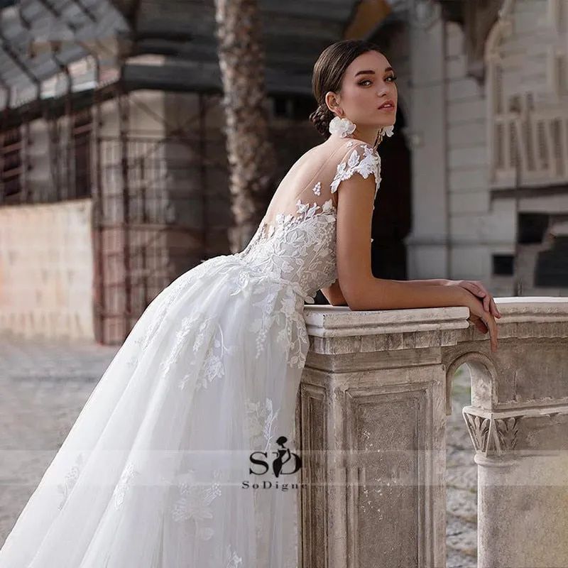 Roycebridal Wedding Dress  Short Sleeves Appliques Mermaid Bridal Dress With Detachable Train Over skirt Lace Wedding Gowns