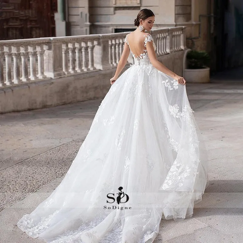 Roycebridal Wedding Dress  Short Sleeves Appliques Mermaid Bridal Dress With Detachable Train Over skirt Lace Wedding Gowns