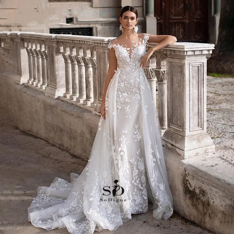 Roycebridal Wedding Dress  Short Sleeves Appliques Mermaid Bridal Dress With Detachable Train Over skirt Lace Wedding Gowns