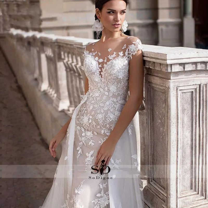 Roycebridal Wedding Dress  Short Sleeves Appliques Mermaid Bridal Dress With Detachable Train Over skirt Lace Wedding Gowns
