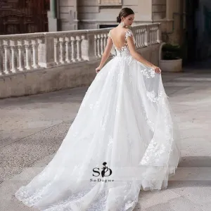 Roycebridal Wedding Dress  Short Sleeves Appliques Mermaid Bridal Dress With Detachable Train Over skirt Lace Wedding Gowns