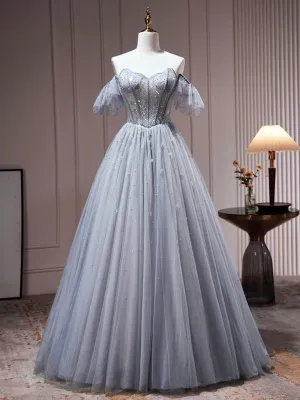 Roycebridal Yamileth | Gray Tulle Off Shoulder Beaded Party Dress, A-Line Tulle Formal Dress Prom Dress
