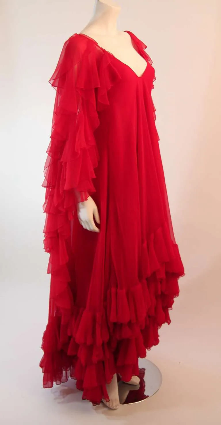 RUBEN PANIS Red Chiffon Ruffle Gown