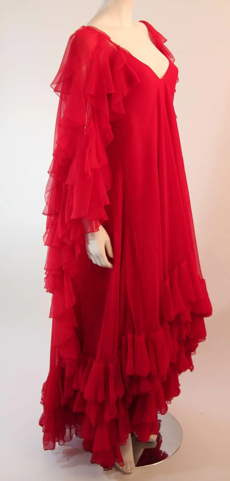 RUBEN PANIS Red Chiffon Ruffle Gown