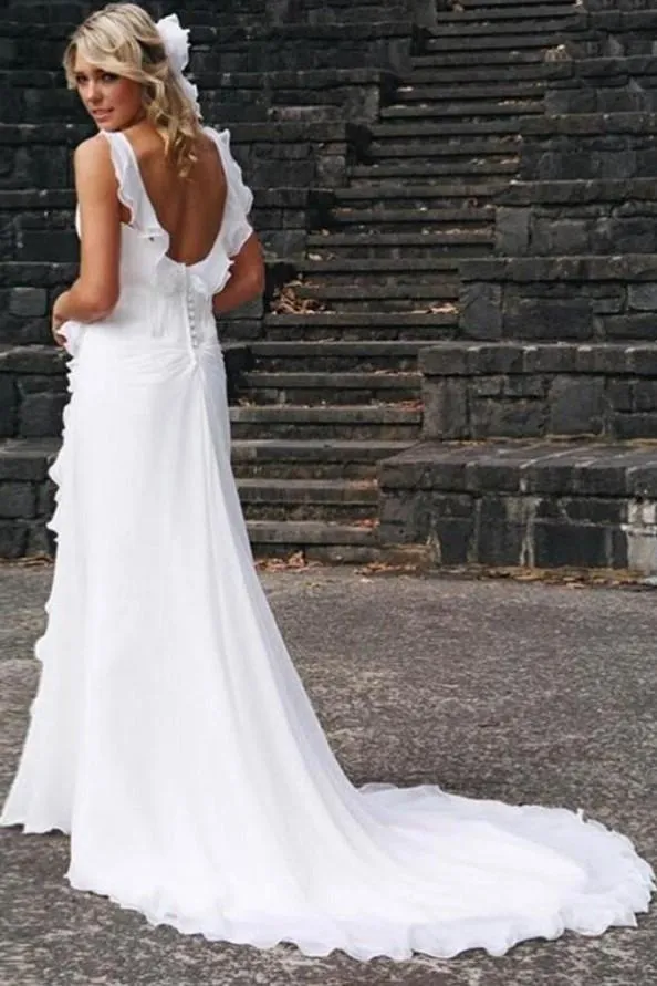 Ruffled Neckline White Chiffon Wedding Gown for Seaside
