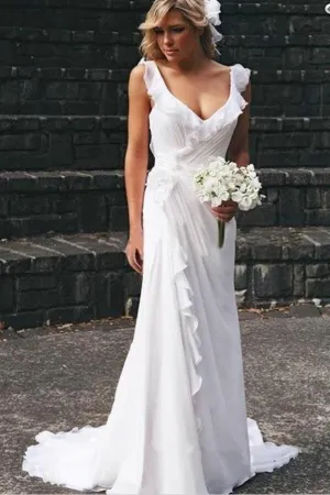 Ruffled Neckline White Chiffon Wedding Gown for Seaside