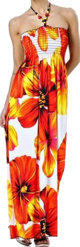 Sakkas Large Flower Graphc Print Beaded Halter Smocked Bodice Maxi / Long Dress