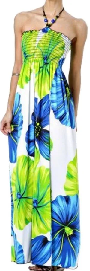 Sakkas Large Flower Graphc Print Beaded Halter Smocked Bodice Maxi / Long Dress