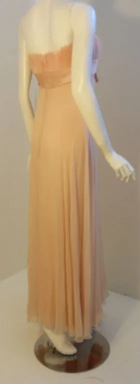 SARMI Circa 1960s Blush Pink Chiffon Gown, Feathers at Bust