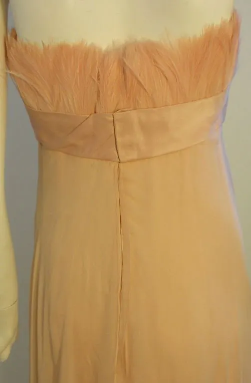 SARMI Circa 1960s Blush Pink Chiffon Gown, Feathers at Bust
