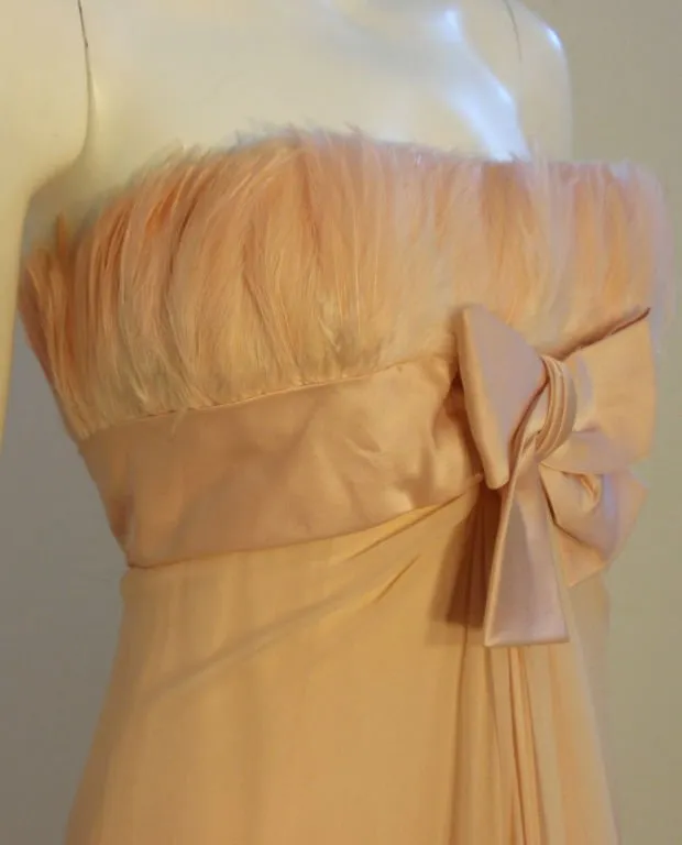 SARMI Circa 1960s Blush Pink Chiffon Gown, Feathers at Bust