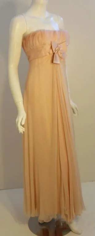 SARMI Circa 1960s Blush Pink Chiffon Gown, Feathers at Bust