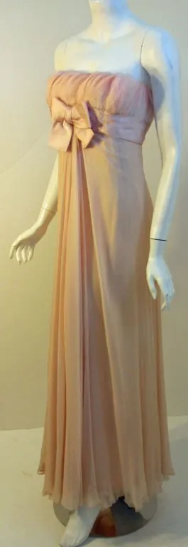 SARMI Circa 1960s Blush Pink Chiffon Gown, Feathers at Bust