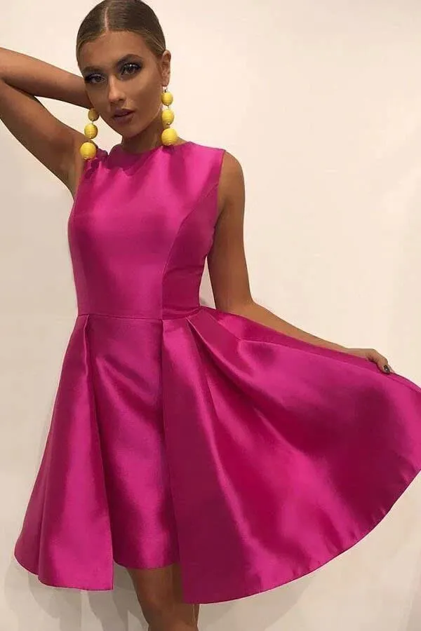 Satin A-line Round Neck Pleated Homecoming Dresses, Short Prom Dress, MH539