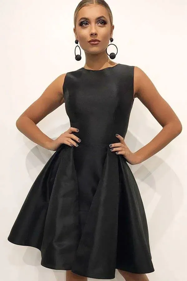 Satin A-line Round Neck Pleated Homecoming Dresses, Short Prom Dress, MH539