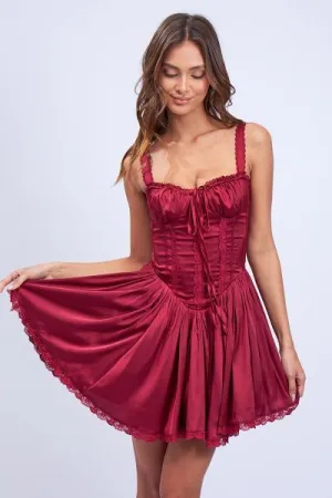 Satin Corset Shape Lace Trim Flare Mini Dress - Jujube -