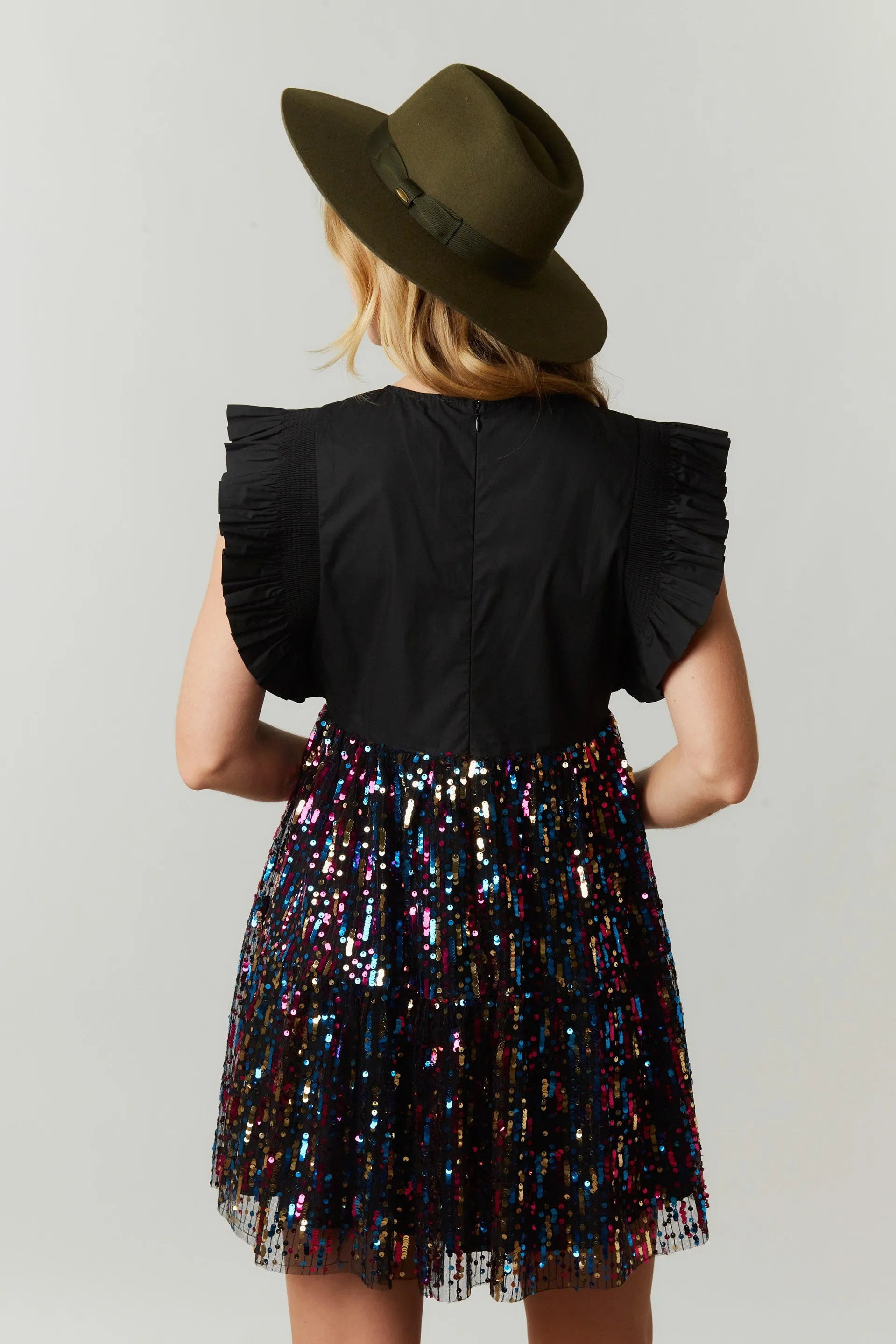Sequin Color Block Mini Poplin Dress