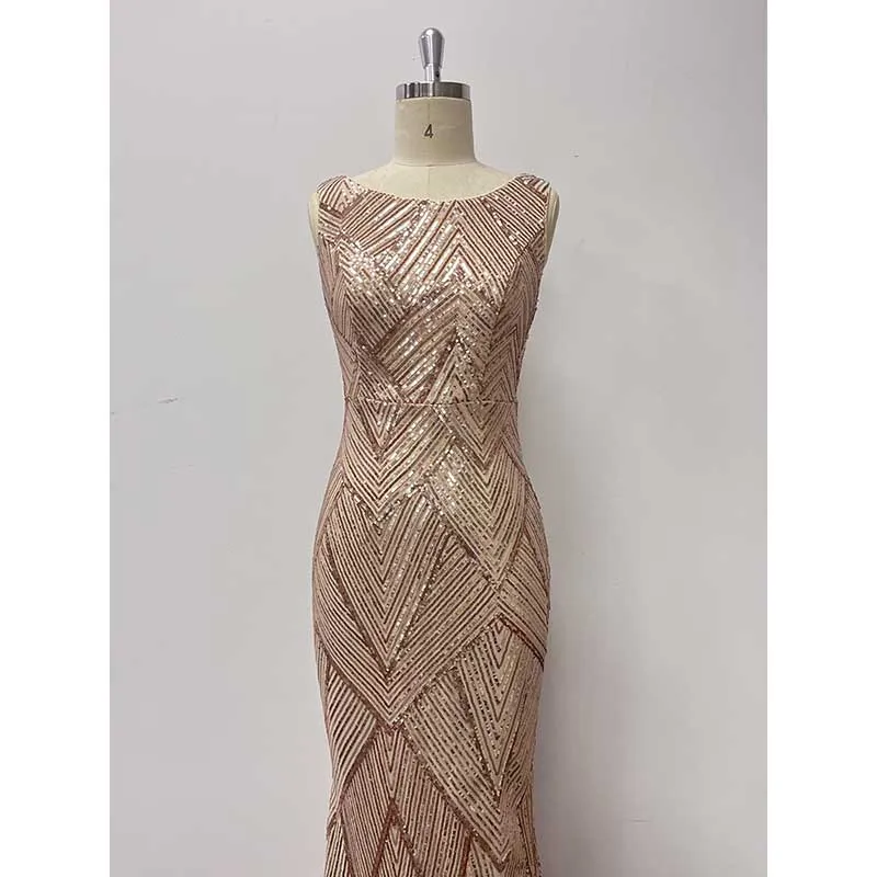 Sequin Mermaid Prom Dress Round-Neck A-Line Event Dress Long Evening Dress