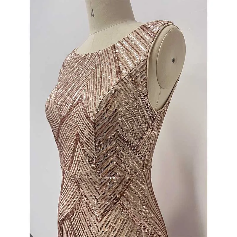 Sequin Mermaid Prom Dress Round-Neck A-Line Event Dress Long Evening Dress