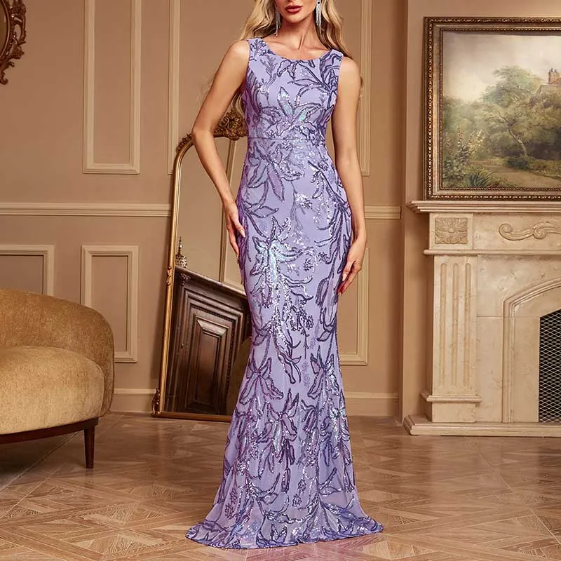 Sequin Mermaid Prom Dress Round-Neck A-Line Event Dress Long Evening Dress