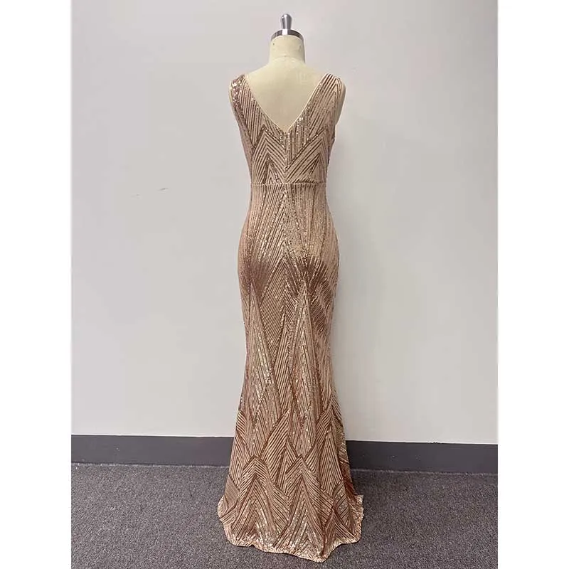 Sequin Mermaid Prom Dress Round-Neck A-Line Event Dress Long Evening Dress