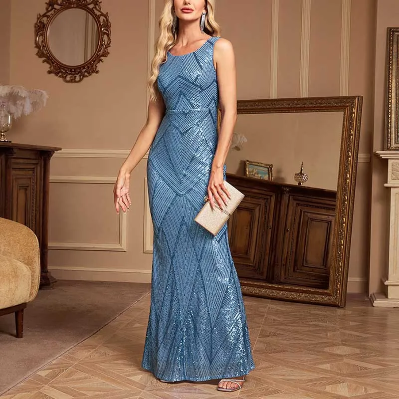 Sequin Mermaid Prom Dress Round-Neck A-Line Event Dress Long Evening Dress