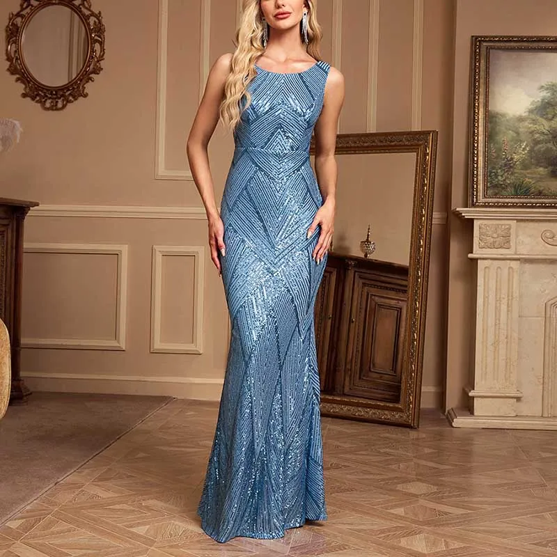 Sequin Mermaid Prom Dress Round-Neck A-Line Event Dress Long Evening Dress