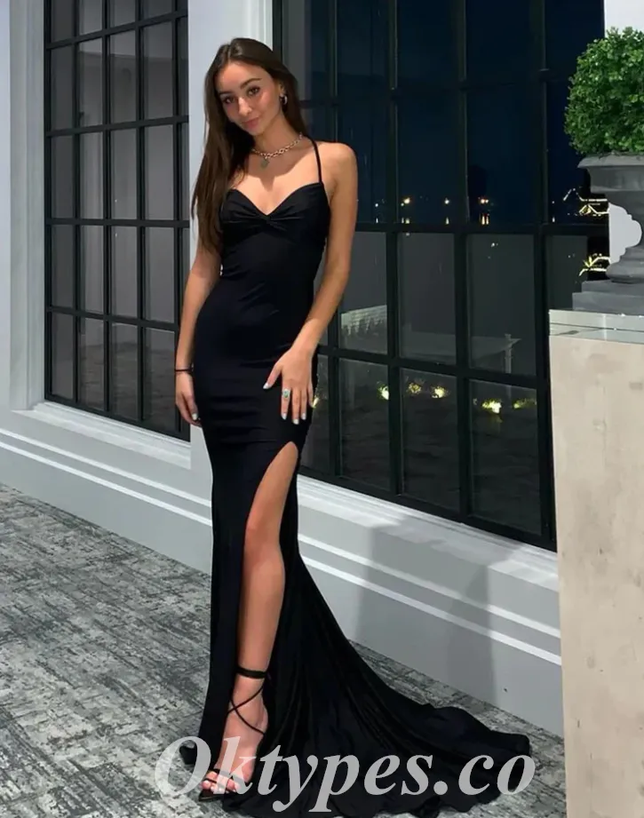 Sexy Black Satin Halter V-Neck Lace Up Back Side Slit Mermaid Long Prom Dresses,PDS0599