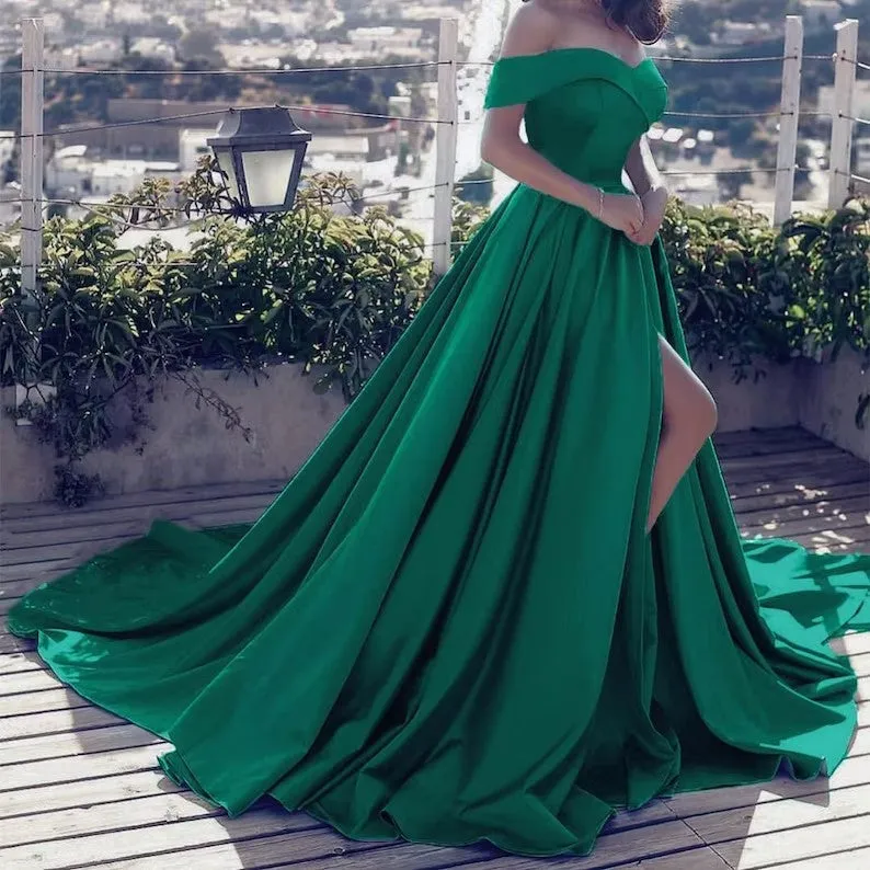 Sexy Off Shoulders Satin Black Long Evening Formal Dress Split Wedding Guest Dress