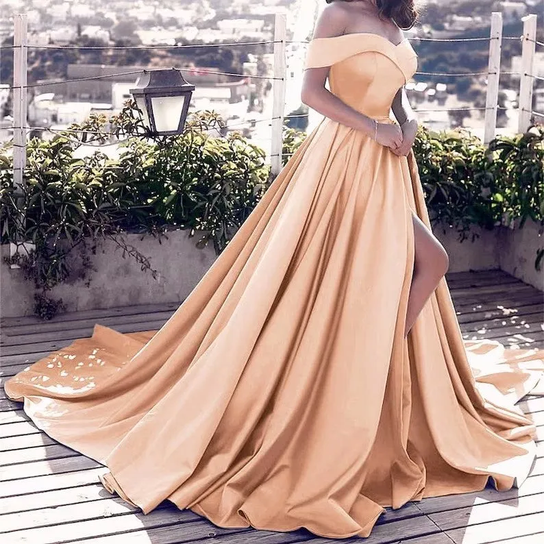 Sexy Off Shoulders Satin Black Long Evening Formal Dress Split Wedding Guest Dress