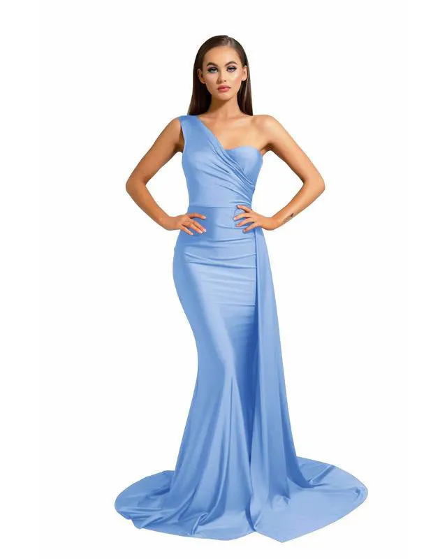 Sexy One Shoulder Bridesmaid Dresses Mermaid Honor of Maid Bride Silk Like Satin Dress for Girls