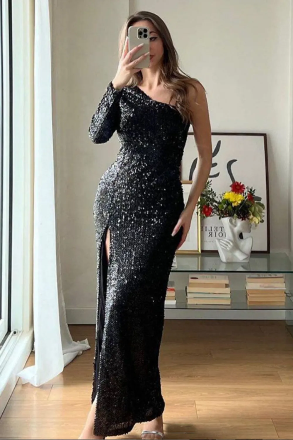 Sexy One-shoulder Sleeveless Mermaid Sequin Long Evening Prom Dresses Online, OLP753