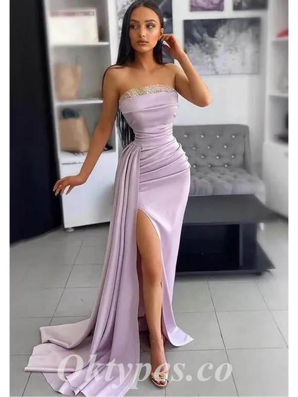 Sexy Satin Sweetheart Sleeveless Side Slit Mermaid Long Prom Dresses,PDS0786