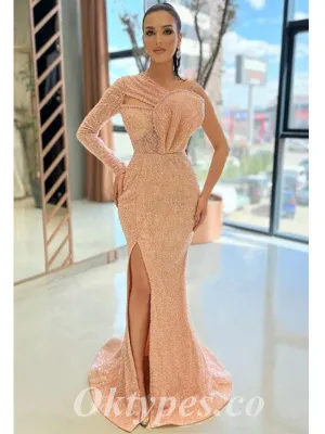 Sexy Sequin One Shoulder Long Sleeve Side Slit Mermaid Long Prom Dresses, PDS0870