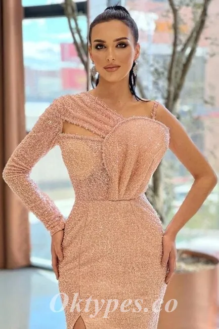 Sexy Sequin One Shoulder Long Sleeve Side Slit Mermaid Long Prom Dresses, PDS0870