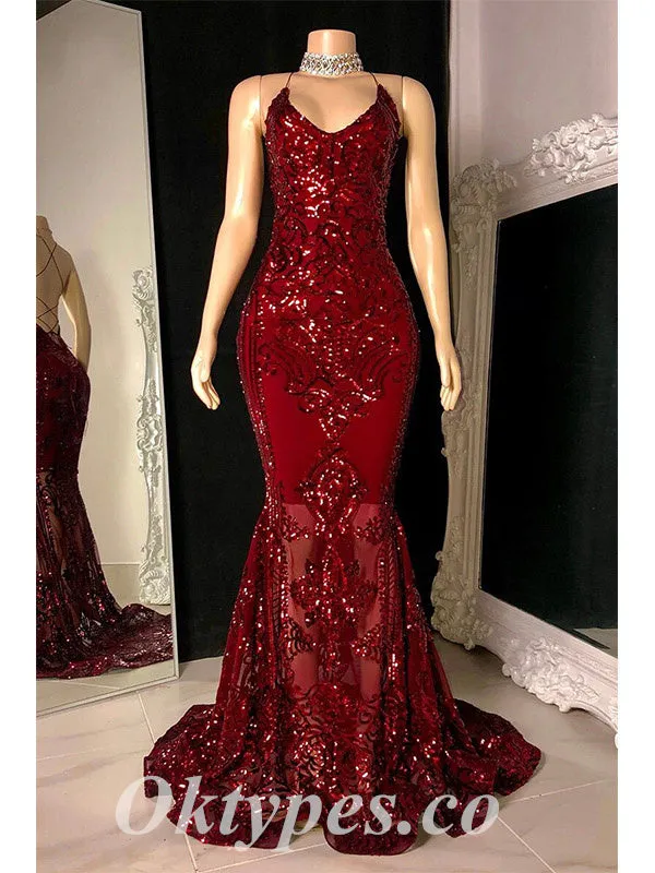 Sexy Shiny Sequin And Tulle Spaghetti Straps Sleeveless Criss Cross Mermaid Long prom Dresses, PDS0834