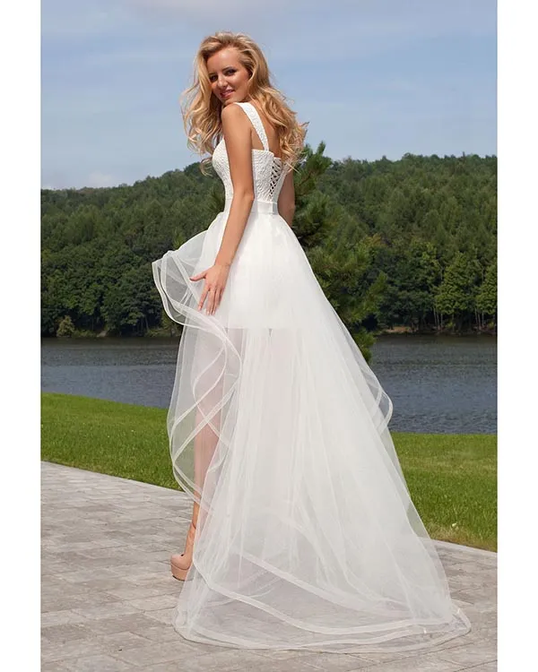 Sexy Short Beach Wedding Dresses with Detachable Tulle Train A-line Lace Wedding Gowns 2018