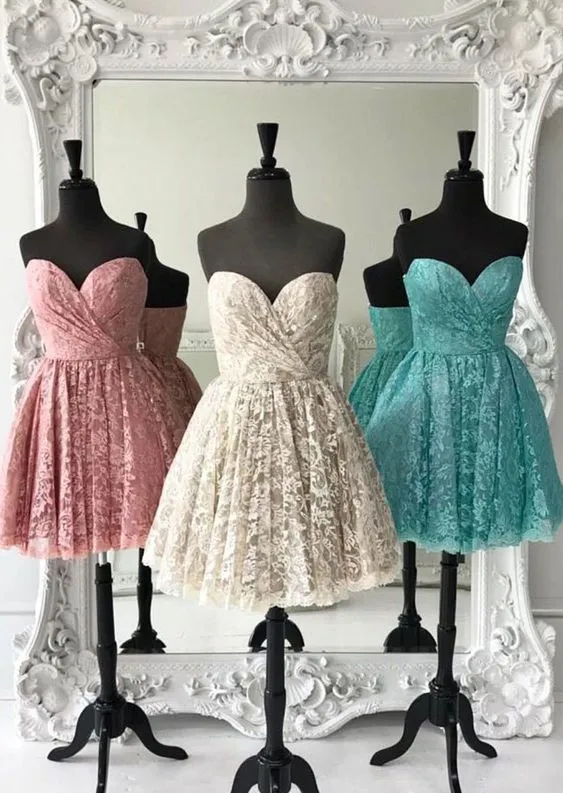 Sexy Short Lace Prom Dresses Strapless Fashion Graduation Dress Pleated