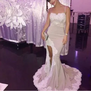 Sexy Side Slit Spaghetti Long Mermaid Lace Prom Bridesmaid Dresses, BG0311